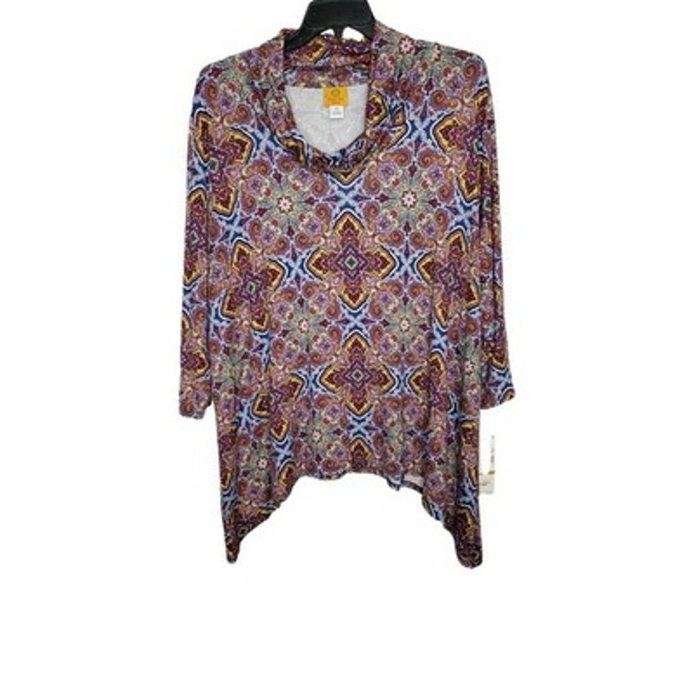 Ruby Rd Tunic Top Womens Plus 3X Multi Color Paisley Print Cowl Neck Stretch